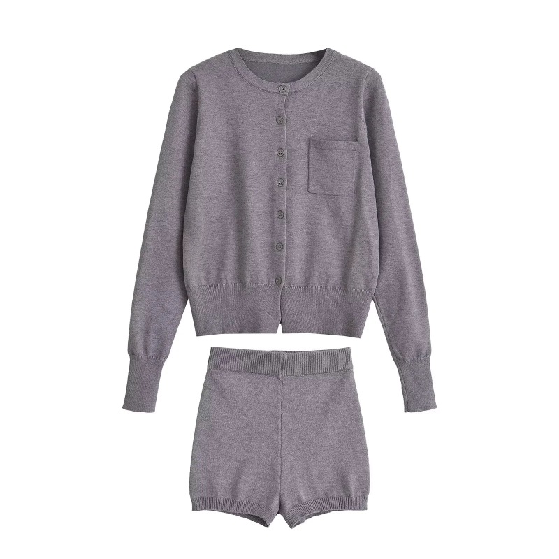 Petite Soft Versatile Round Neck Sweater Cardigan + High-Waisted Slimming Hip-Hugging Shorts Knitted Long-Sleeve Two-Piece Set