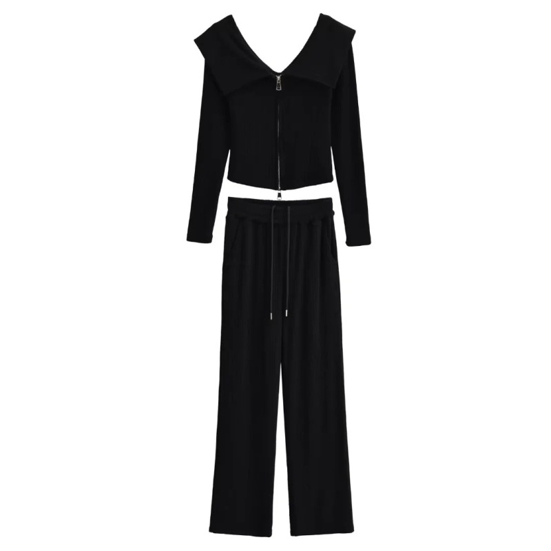 Pure Desire Style One-Shoulder Large Lapel Double Zipper Knitwear Top + Elastic Waist Draped Straight Floor-Length Pants Suit