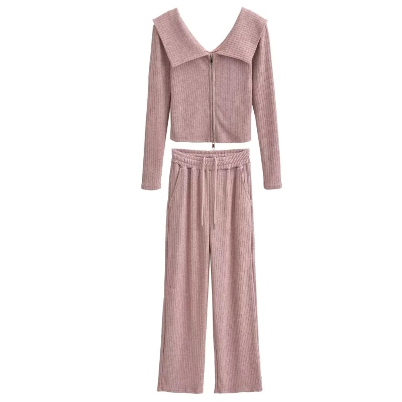 Pure Desire Style One-Shoulder Large Lapel Double Zipper Knitwear Top + Elastic Waist Draped Straight Floor-Length Pants Suit