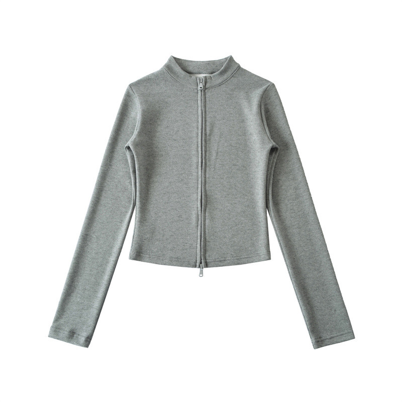 Relaxed, stand-up collar zip-up cardigan/sports jacket two-piece set, versatile, laid-back, loose-fitting, straight-leg wide-leg trousers for women.