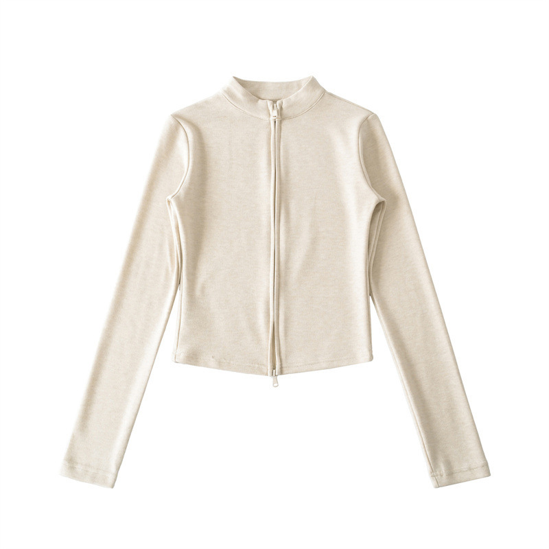 Relaxed, stand-up collar zip-up cardigan/sports jacket two-piece set, versatile, laid-back, loose-fitting, straight-leg wide-leg trousers for women.
