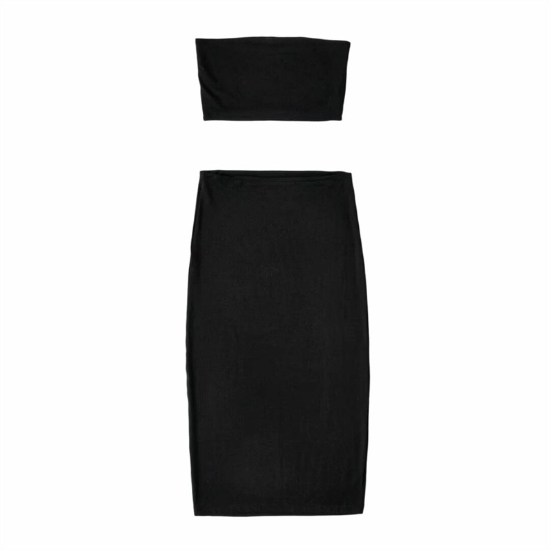 Hot girl tight double-layer elastic bustier top women's retro style slim hip body slit skirt two-piece set