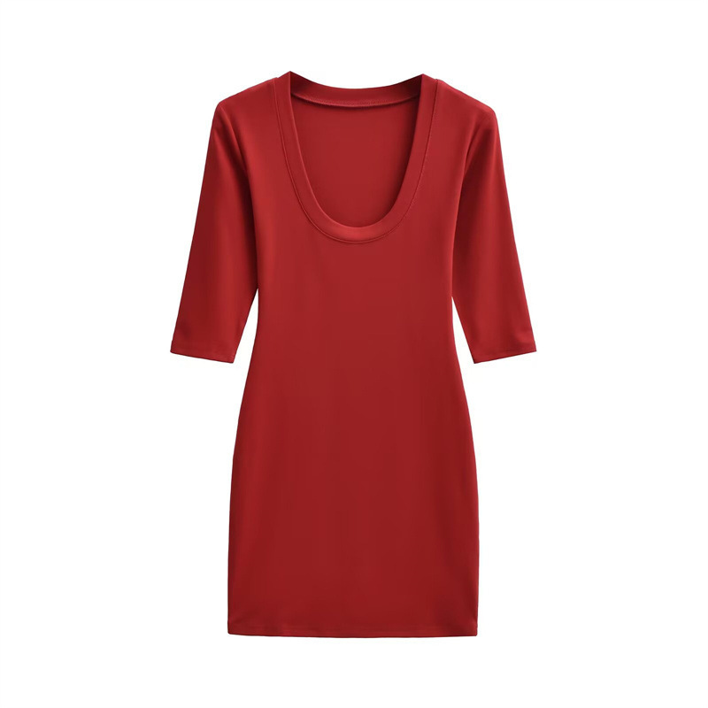 Pure and alluring deep U-neck mid-sleeve dress, elegant and unique, slim fit, stretchy and sexy bodycon short skirt.