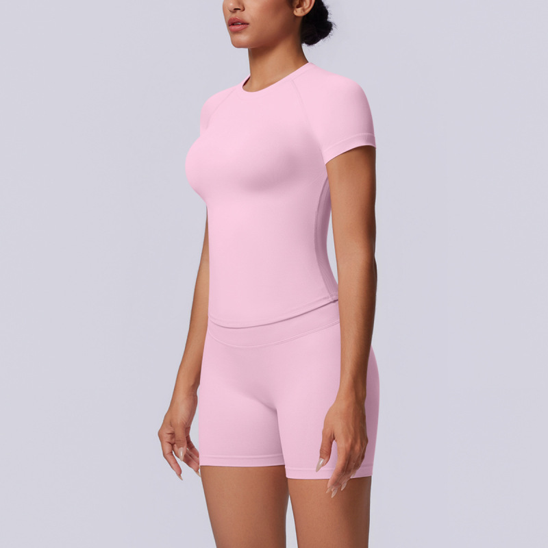 Cross-border European and American seamless solid color breathable tight high elastic short-sleeved shorts set for women's sports running fitness yoga wear