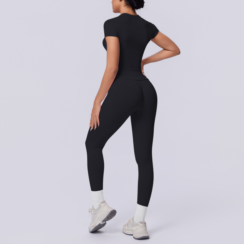 Cross-border European and American seamless knit solid color tight breathable long yoga suit set for sports running fitness two-piece set