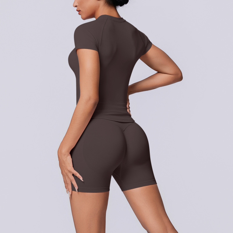 Cross-border European and American seamless solid color breathable tight high elastic short-sleeved shorts set for women's sports running fitness yoga wear