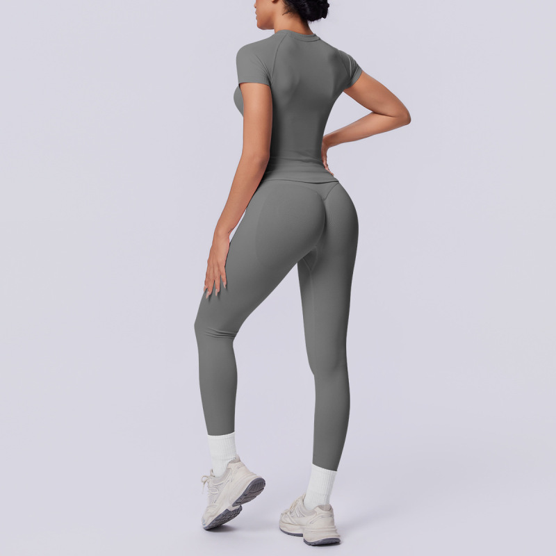 Cross-border European and American seamless knit solid color tight breathable long yoga suit set for sports running fitness two-piece set