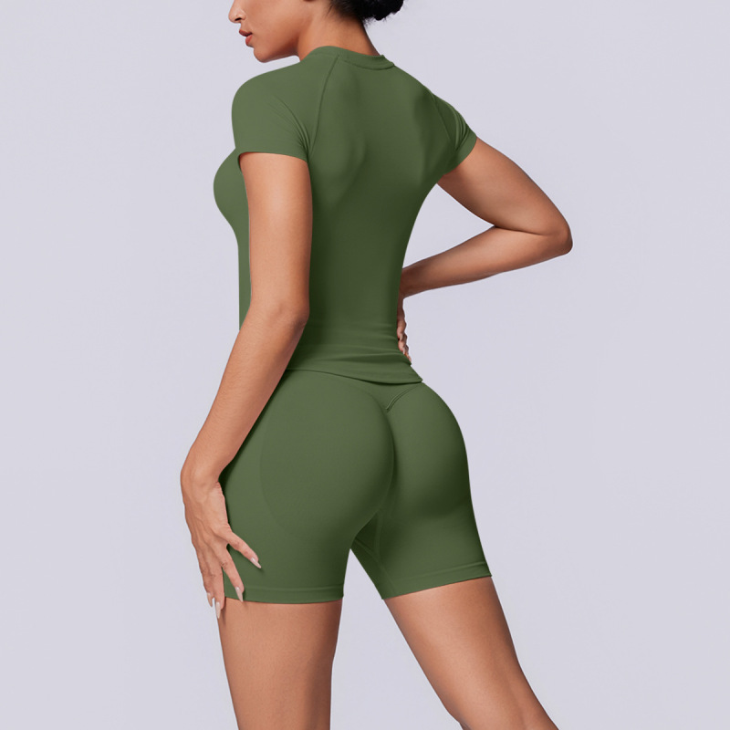 Cross-border European and American seamless solid color breathable tight high elastic short-sleeved shorts set for women's sports running fitness yoga wear