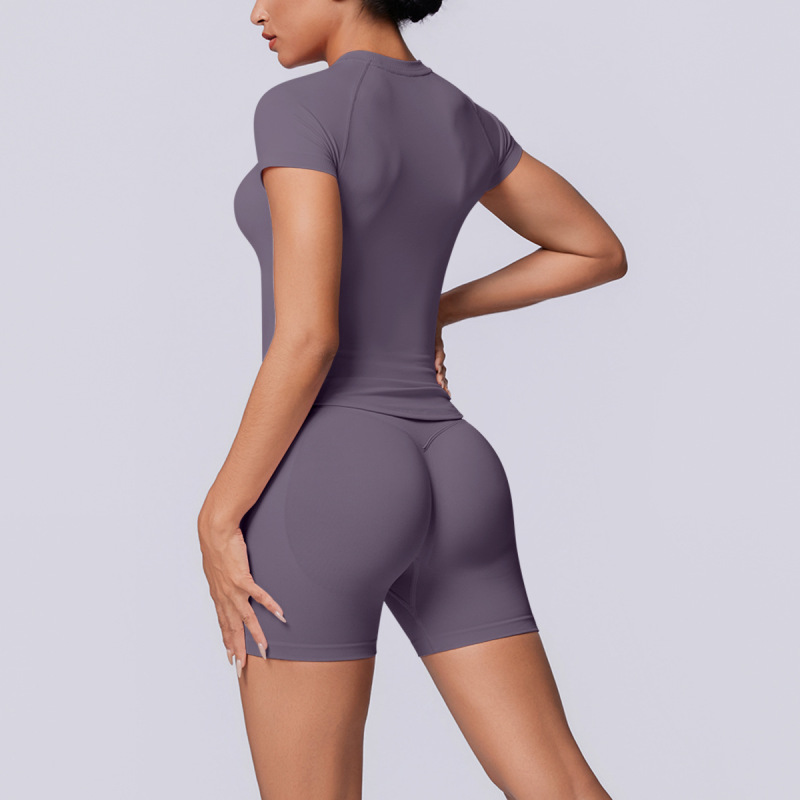 Cross-border European and American seamless solid color breathable tight high elastic short-sleeved shorts set for women's sports running fitness yoga wear