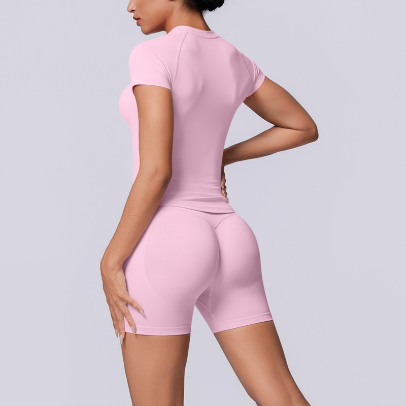 Cross-border European and American seamless solid color breathable tight high elastic short-sleeved shorts set for women's sports running fitness yoga wear