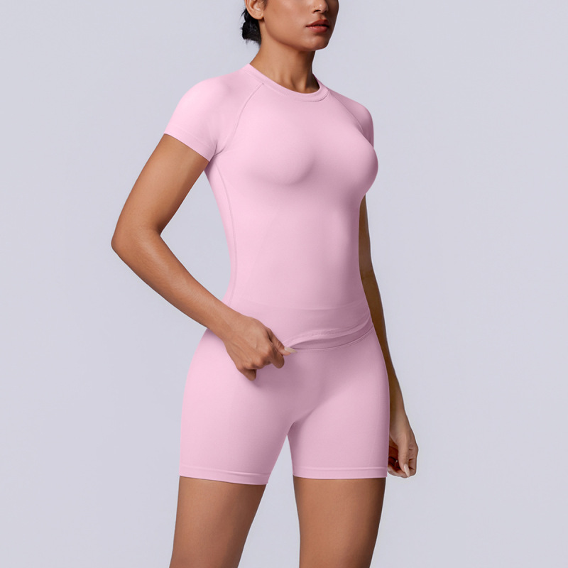 Cross-border European and American seamless solid color breathable tight high elastic short-sleeved shorts set for women's sports running fitness yoga wear