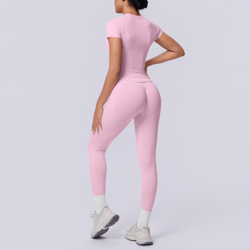 Cross-border European and American seamless knit solid color tight breathable long yoga suit set for sports running fitness two-piece set