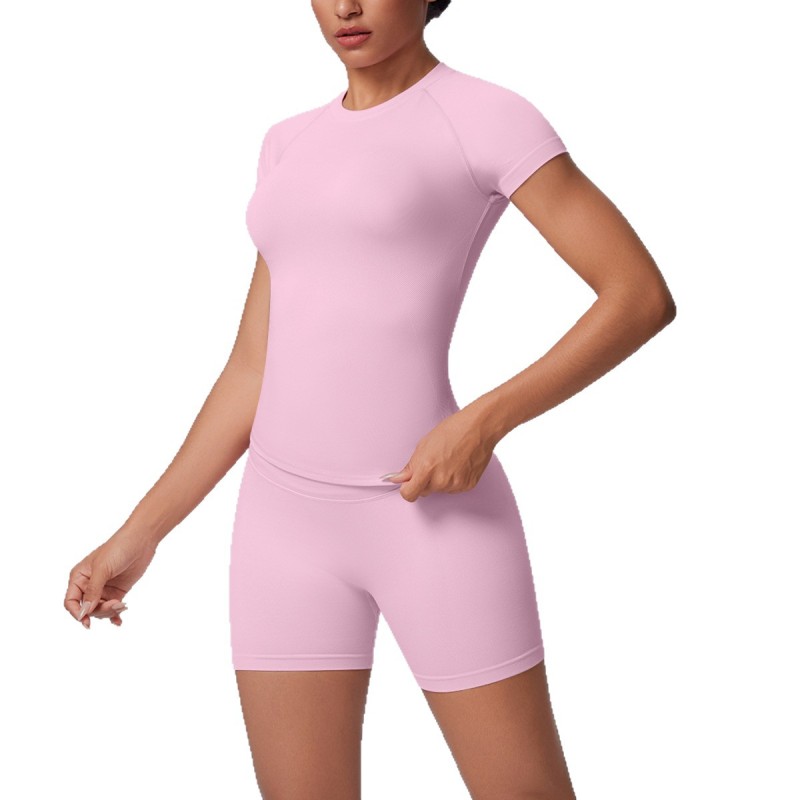 Cross-border European and American seamless solid color breathable tight high elastic short-sleeved shorts set for women's sports running fitness yoga wear