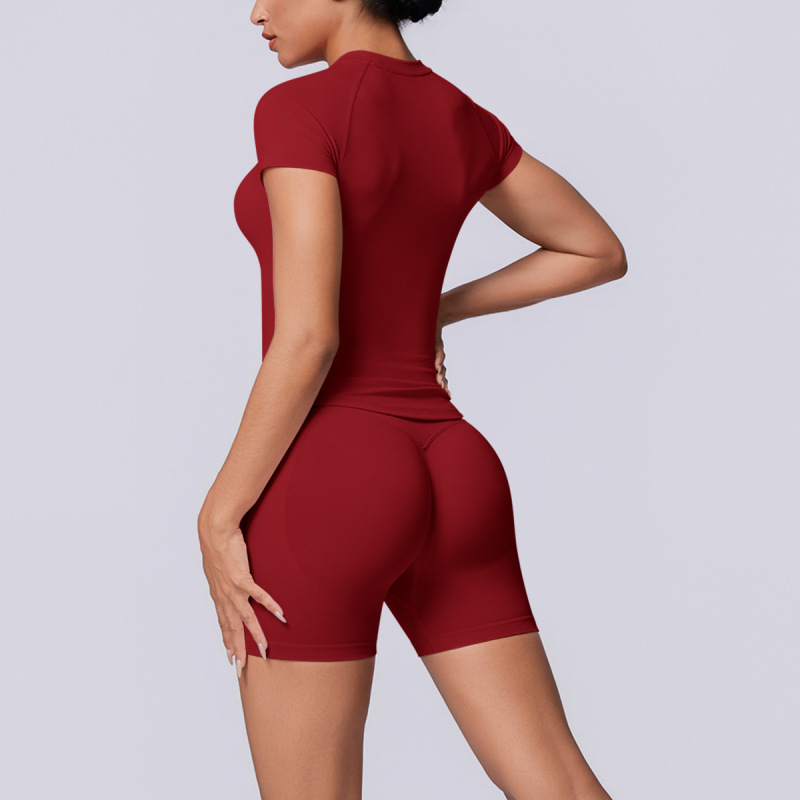 Cross-border European and American seamless solid color breathable tight high elastic short-sleeved shorts set for women's sports running fitness yoga wear