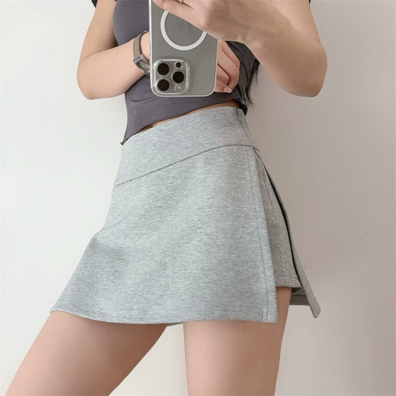 Hot girl high-waisted slimming gray sports mini skirt, retro style, side slits, running, yoga, anti-exposure A-line skirt