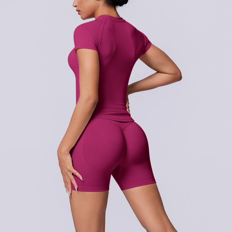 Cross-border European and American seamless solid color breathable tight high elastic short-sleeved shorts set for women's sports running fitness yoga wear