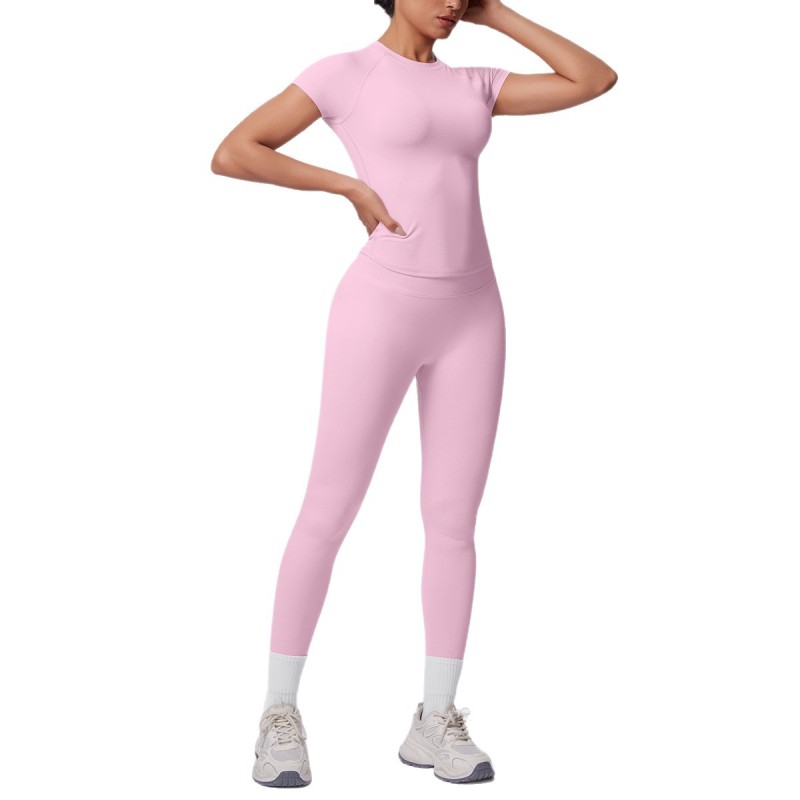Cross-border European and American seamless knit solid color tight breathable long yoga suit set for sports running fitness two-piece set