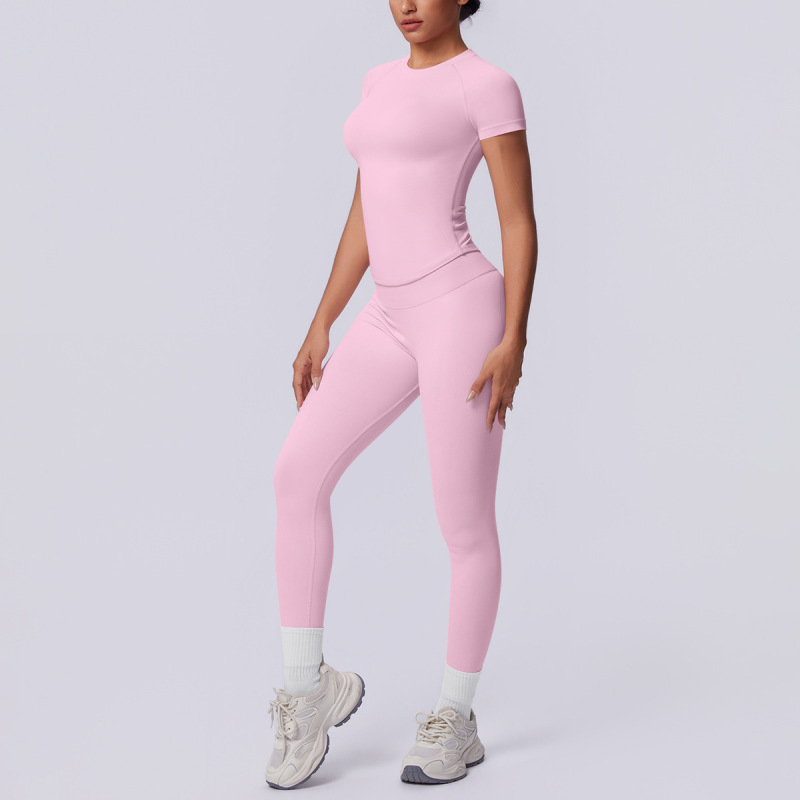 Cross-border European and American seamless knit solid color tight breathable long yoga suit set for sports running fitness two-piece set