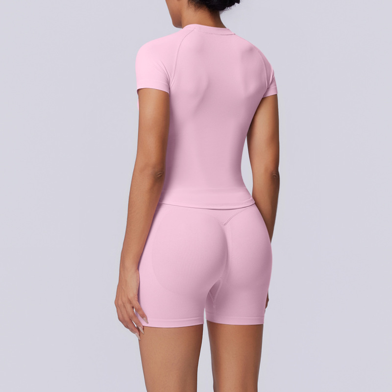 Cross-border European and American seamless solid color breathable tight high elastic short-sleeved shorts set for women's sports running fitness yoga wear