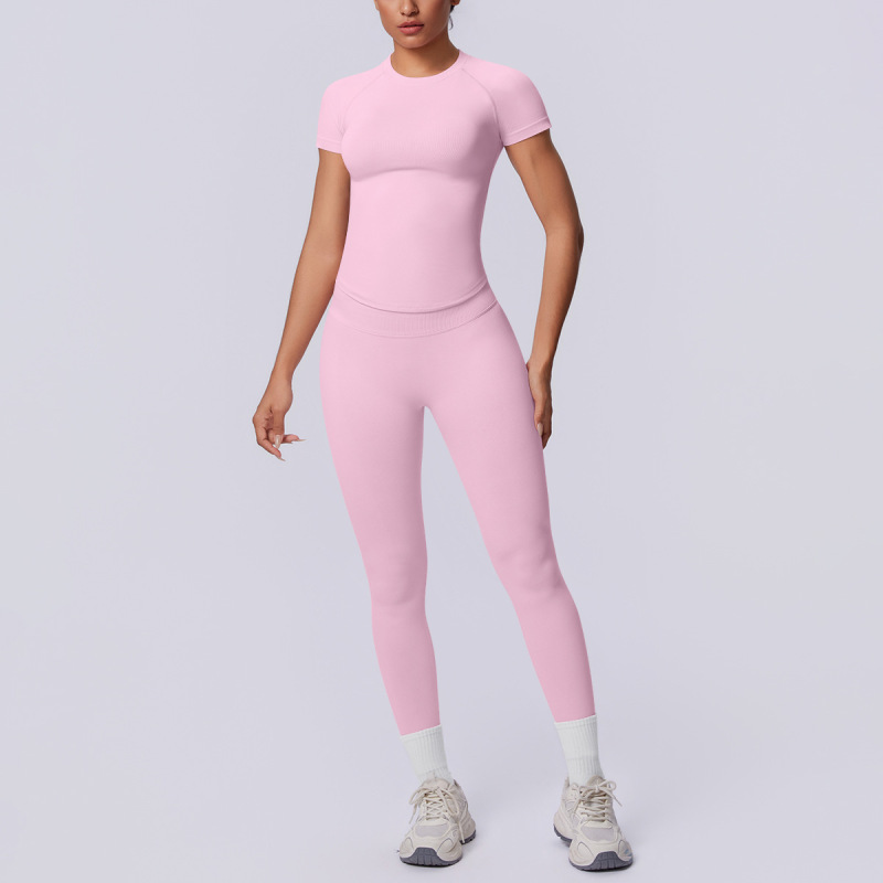 Cross-border European and American seamless knit solid color tight breathable long yoga suit set for sports running fitness two-piece set