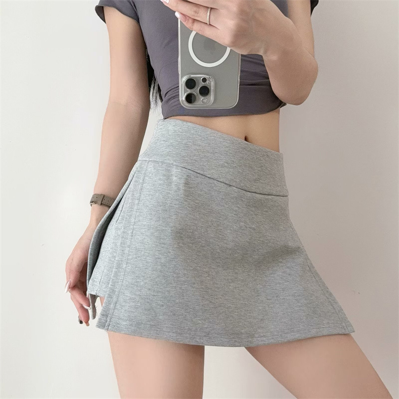Hot girl high-waisted slimming gray sports mini skirt, retro style, side slits, running, yoga, anti-exposure A-line skirt