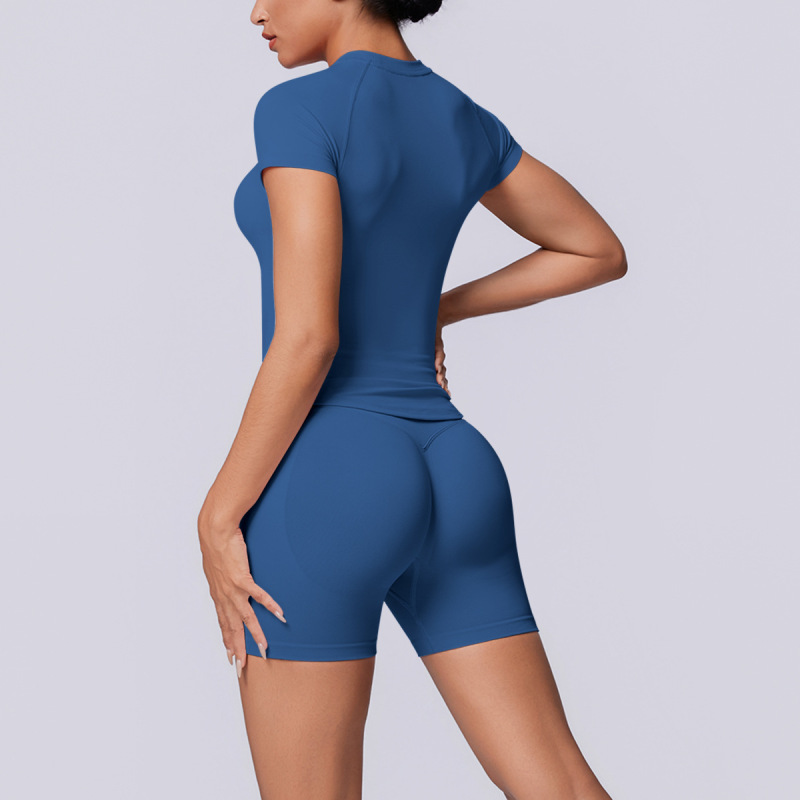 Cross-border European and American seamless solid color breathable tight high elastic short-sleeved shorts set for women's sports running fitness yoga wear