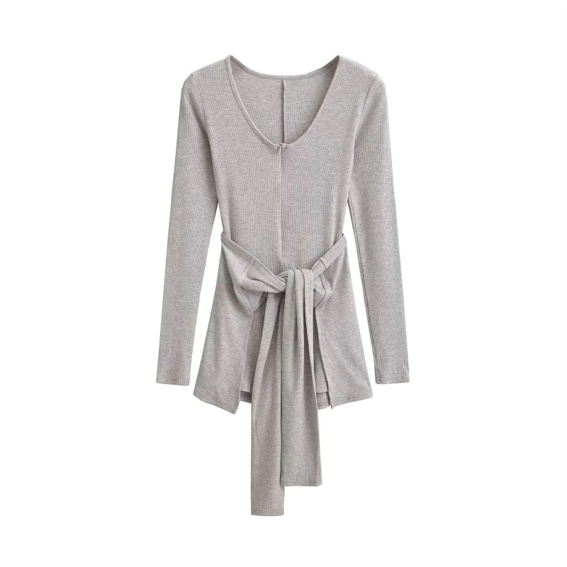 American Elastic Tight V Neck Zipper Bottoming Shirt for Women Autumn Waist Strap Two-Piece Long-Sleeved Jumpsuit T-Shirt