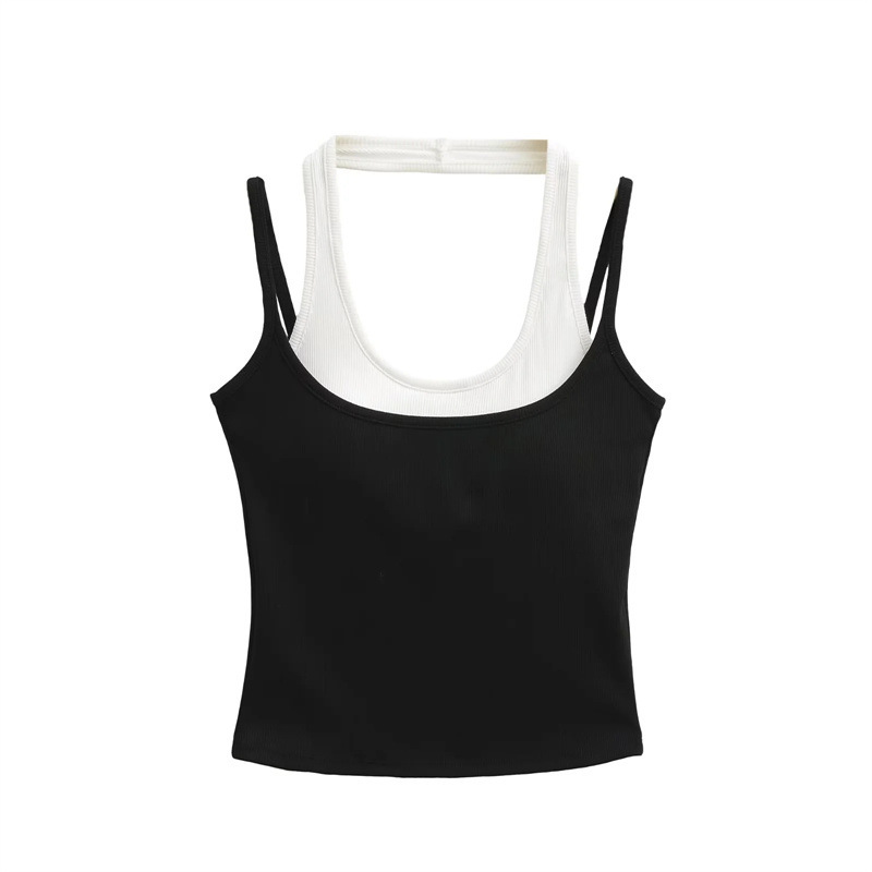Hot Girl Contrasting Color Slim-Fitting Halterneck Fake Two-Piece Camisole Women's Summer Slim-Fitting Short Sports Top with Breast Pads