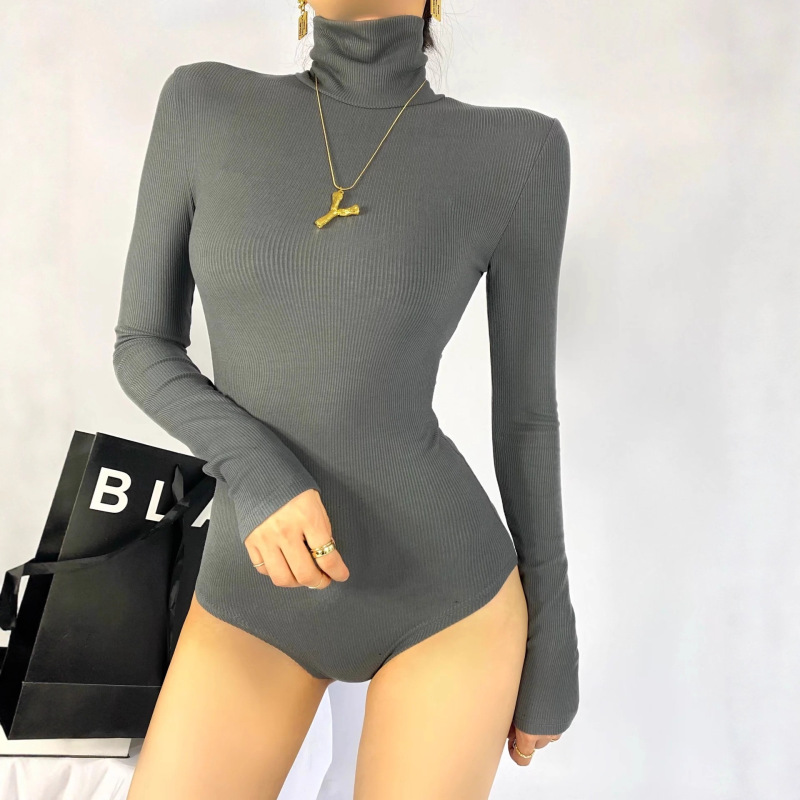 Autumn and Winter Sexy High-Neck Elastic Brushed One-Piece Top Tight-Fitting Inner Threaded Bottoming Shirt Long-Sleeved T-Shirt for Women