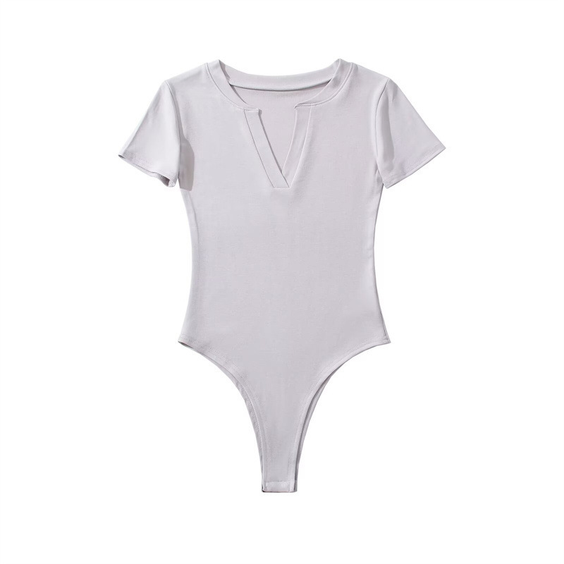 Pure and alluring V-neck tight-fitting short-sleeved bodysuit t-shirt for women, basic slim fit sexy base layer hot girl top