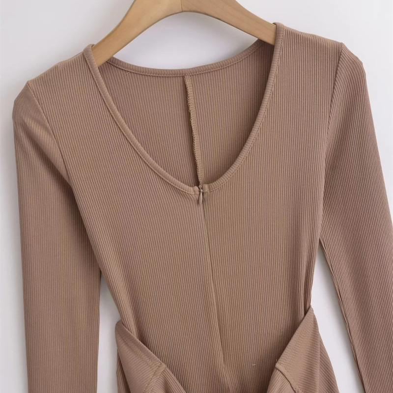 American Elastic Tight V Neck Zipper Bottoming Shirt for Women Autumn Waist Strap Two-Piece Long-Sleeved Jumpsuit T-Shirt