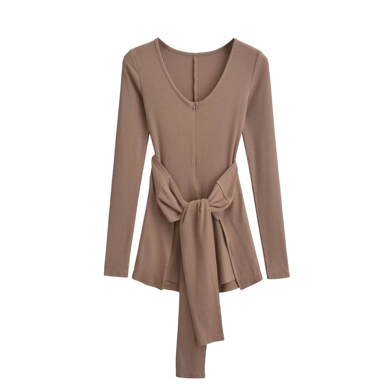 American Elastic Tight V Neck Zipper Bottoming Shirt for Women Autumn Waist Strap Two-Piece Long-Sleeved Jumpsuit T-Shirt