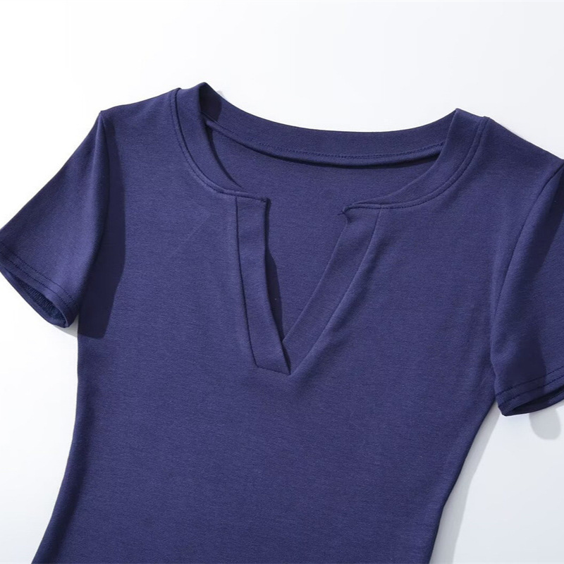 Pure and alluring V-neck tight-fitting short-sleeved bodysuit t-shirt for women, basic slim fit sexy base layer hot girl top