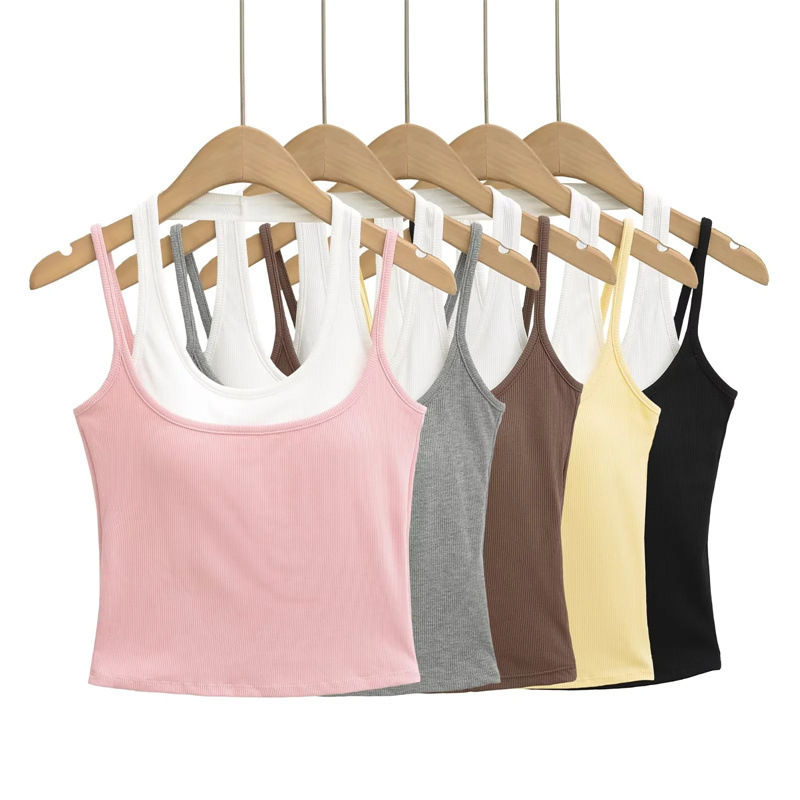 Hot Girl Contrasting Color Slim-Fitting Halterneck Fake Two-Piece Camisole Women's Summer Slim-Fitting Short Sports Top with Breast Pads