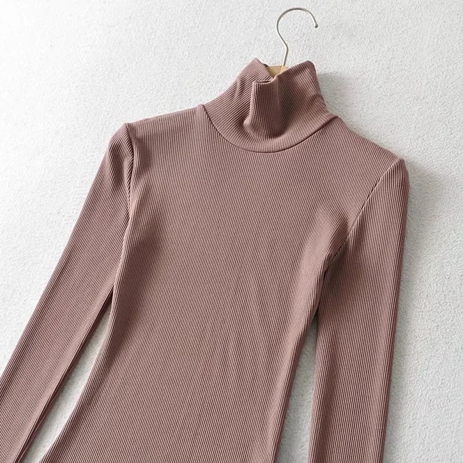 Autumn and Winter Sexy High-Neck Elastic Brushed One-Piece Top Tight-Fitting Inner Threaded Bottoming Shirt Long-Sleeved T-Shirt for Women