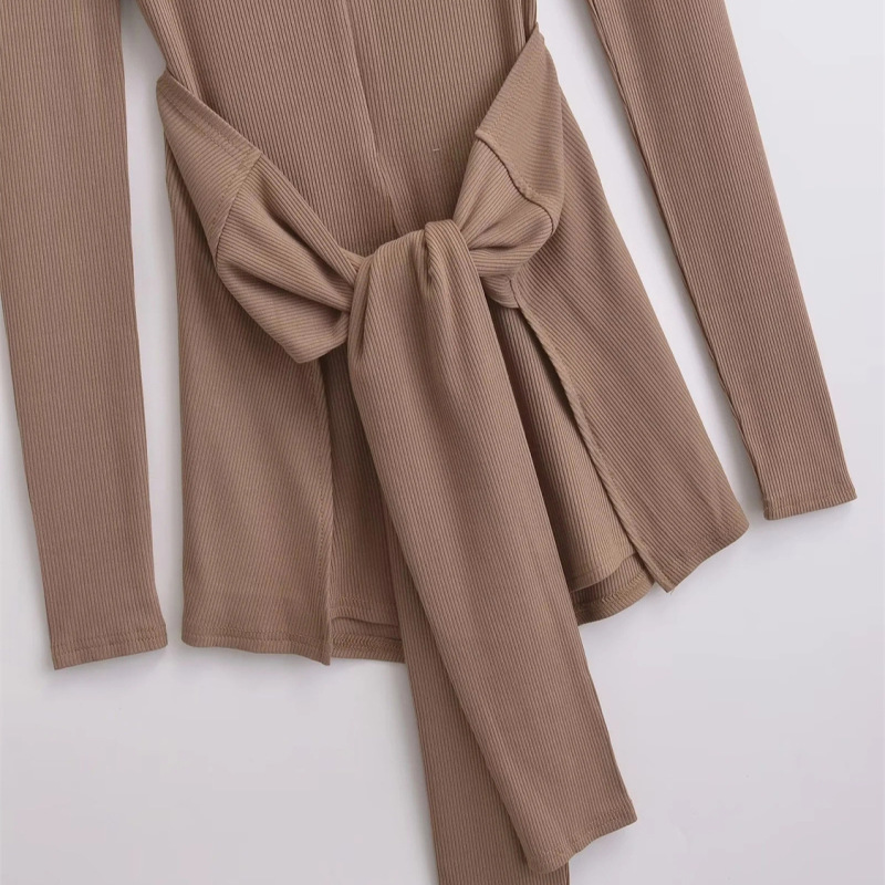 American Elastic Tight V Neck Zipper Bottoming Shirt for Women Autumn Waist Strap Two-Piece Long-Sleeved Jumpsuit T-Shirt