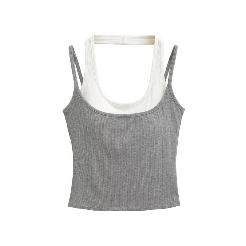 Hot Girl Contrasting Color Slim-Fitting Halterneck Fake Two-Piece Camisole Women's Summer Slim-Fitting Short Sports Top with Breast Pads
