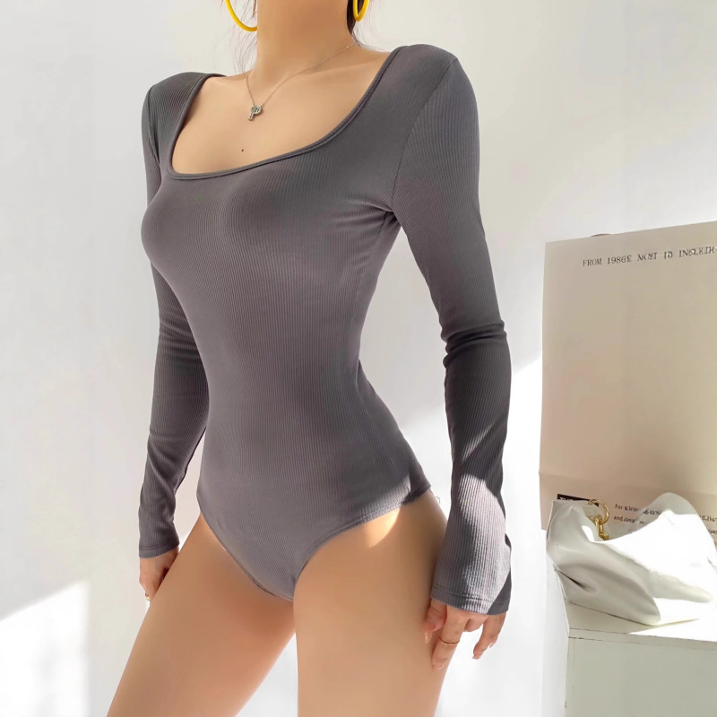Pure Desire Style Tight Square Neck Brushed Base Bodysuit for Women, Autumn and Winter Inner Layer Stretch Sexy Hot Girl T-Shirt Top
