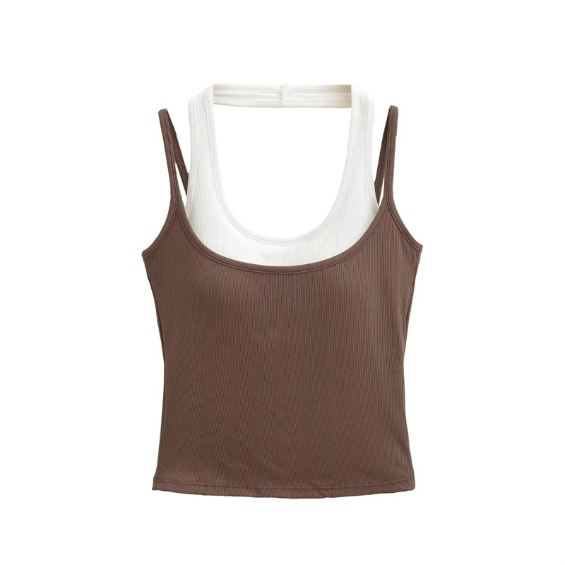 Hot Girl Contrasting Color Slim-Fitting Halterneck Fake Two-Piece Camisole Women's Summer Slim-Fitting Short Sports Top with Breast Pads