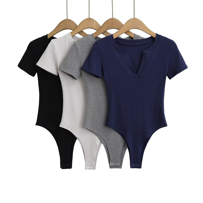 Pure and alluring V-neck tight-fitting short-sleeved bodysuit t-shirt for women, basic slim fit sexy base layer hot girl top