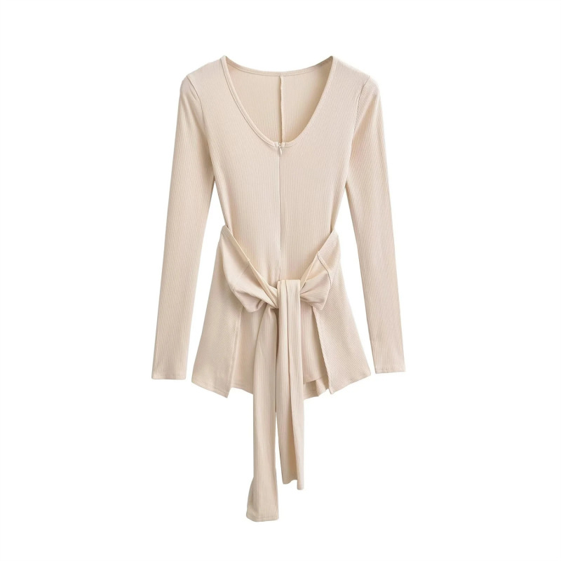 American Elastic Tight V Neck Zipper Bottoming Shirt for Women Autumn Waist Strap Two-Piece Long-Sleeved Jumpsuit T-Shirt