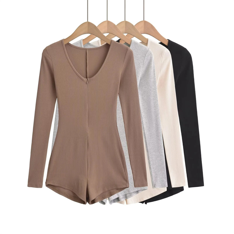 American Elastic Tight V Neck Zipper Bottoming Shirt for Women Autumn Waist Strap Two-Piece Long-Sleeved Jumpsuit T-Shirt
