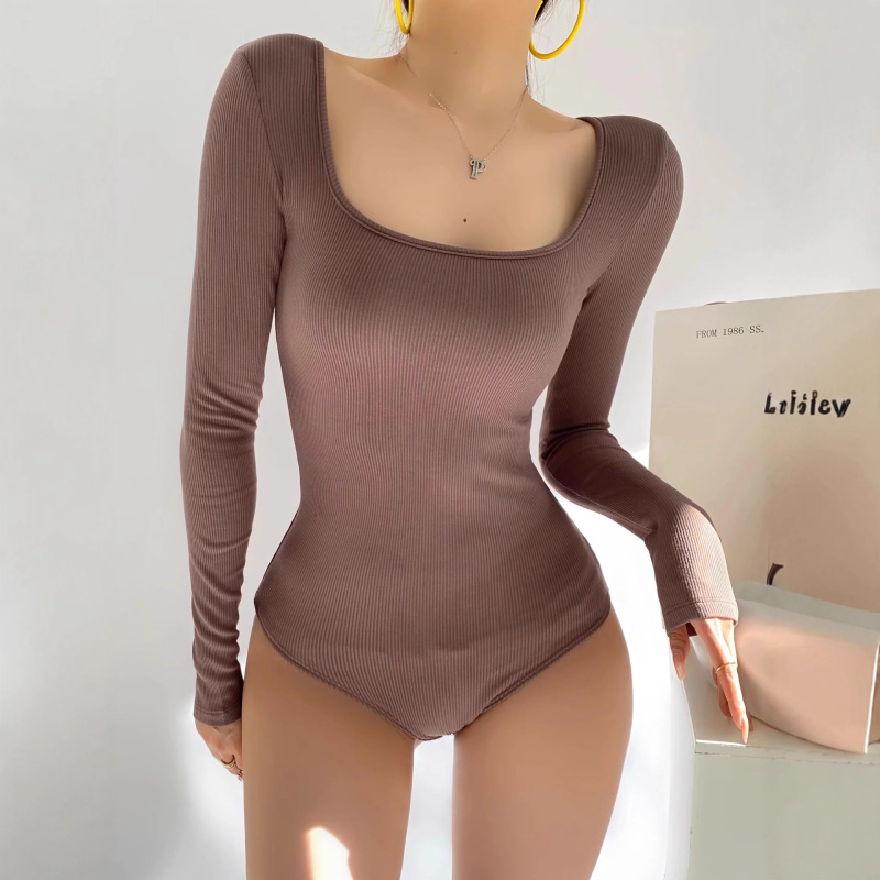 Pure Desire Style Tight Square Neck Brushed Base Bodysuit for Women, Autumn and Winter Inner Layer Stretch Sexy Hot Girl T-Shirt Top