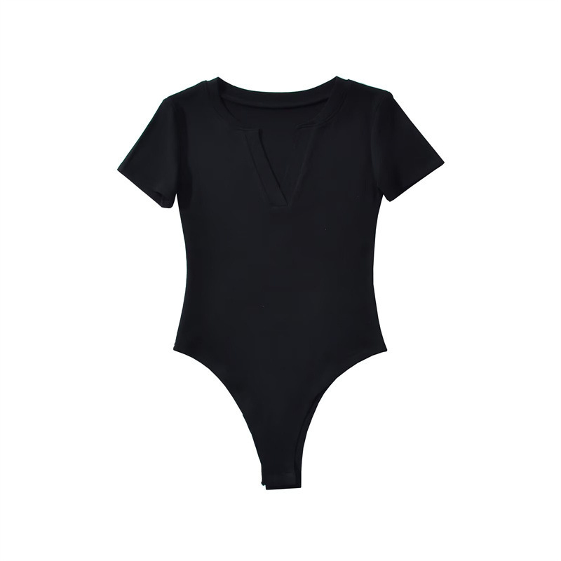 Pure and alluring V-neck tight-fitting short-sleeved bodysuit t-shirt for women, basic slim fit sexy base layer hot girl top