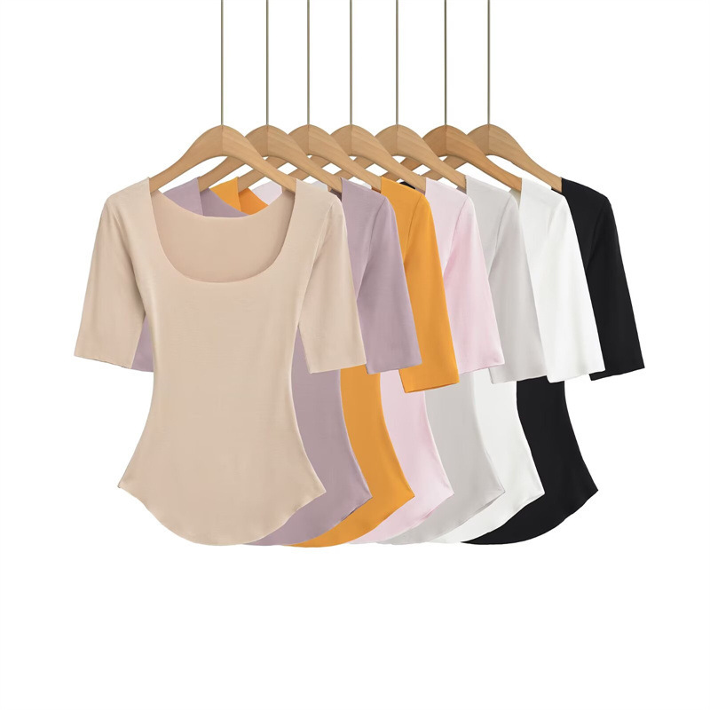 Elegant Square-Neck Slim-Fit Mid-Sleeve Base Shirt for Women, 2026 Summer New Style, Waist-Cinching Tight-Fitting Inner Wear, Spicy Girl Curved Hem T-Shirt