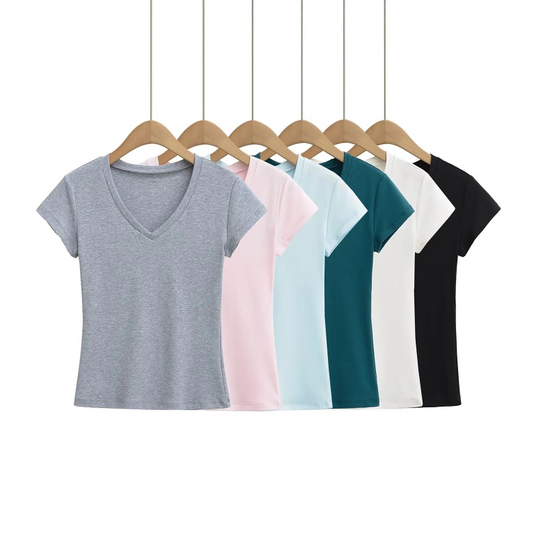 Right Shoulder American V-Neck Short-Sleeved T-Shirt for Women Summer 2025 New Basic Pure Color Elastic Versatile Short Top