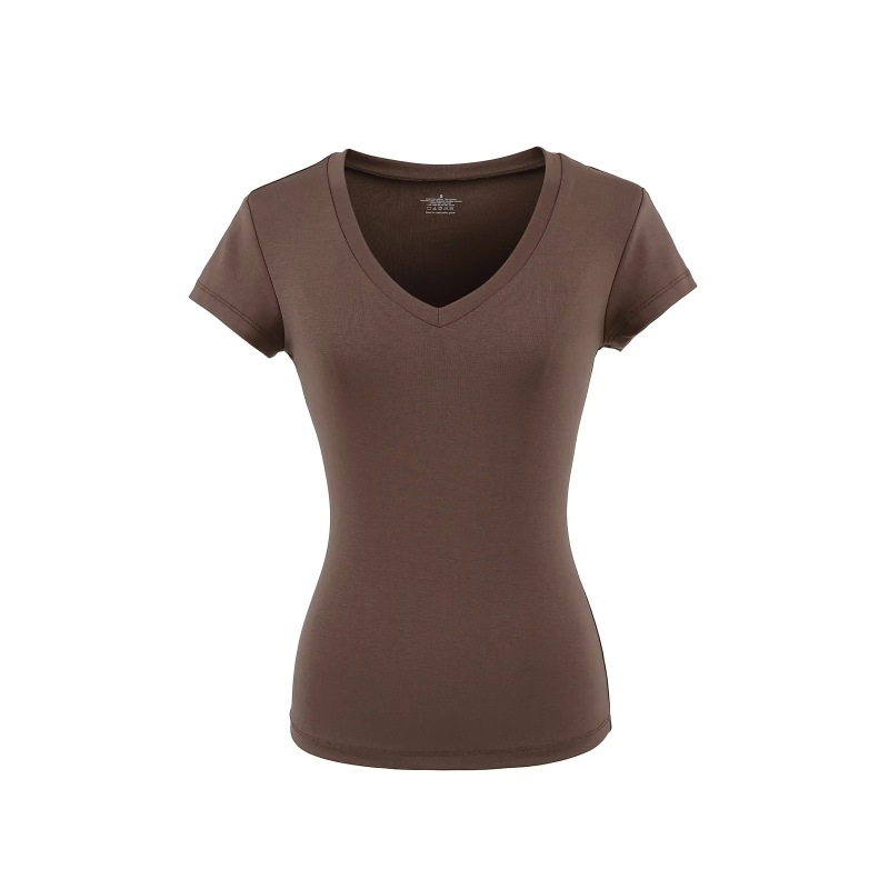 Right Shoulder American V-Neck Short-Sleeved T-Shirt for Women Summer 2025 New Basic Pure Color Elastic Versatile Short Top
