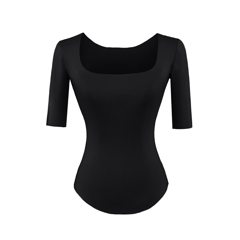 Elegant Square-Neck Slim-Fit Mid-Sleeve Base Shirt for Women, 2026 Summer New Style, Waist-Cinching Tight-Fitting Inner Wear, Spicy Girl Curved Hem T-Shirt