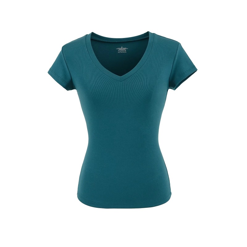 Right Shoulder American V-Neck Short-Sleeved T-Shirt for Women Summer 2025 New Basic Pure Color Elastic Versatile Short Top