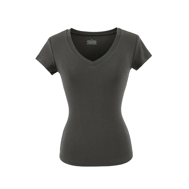 Right Shoulder American V-Neck Short-Sleeved T-Shirt for Women Summer 2025 New Basic Pure Color Elastic Versatile Short Top